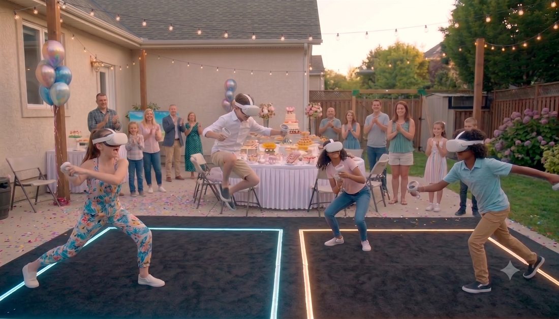 Kids in VR headsets playing at a backyard birthday party while family watches and cheers