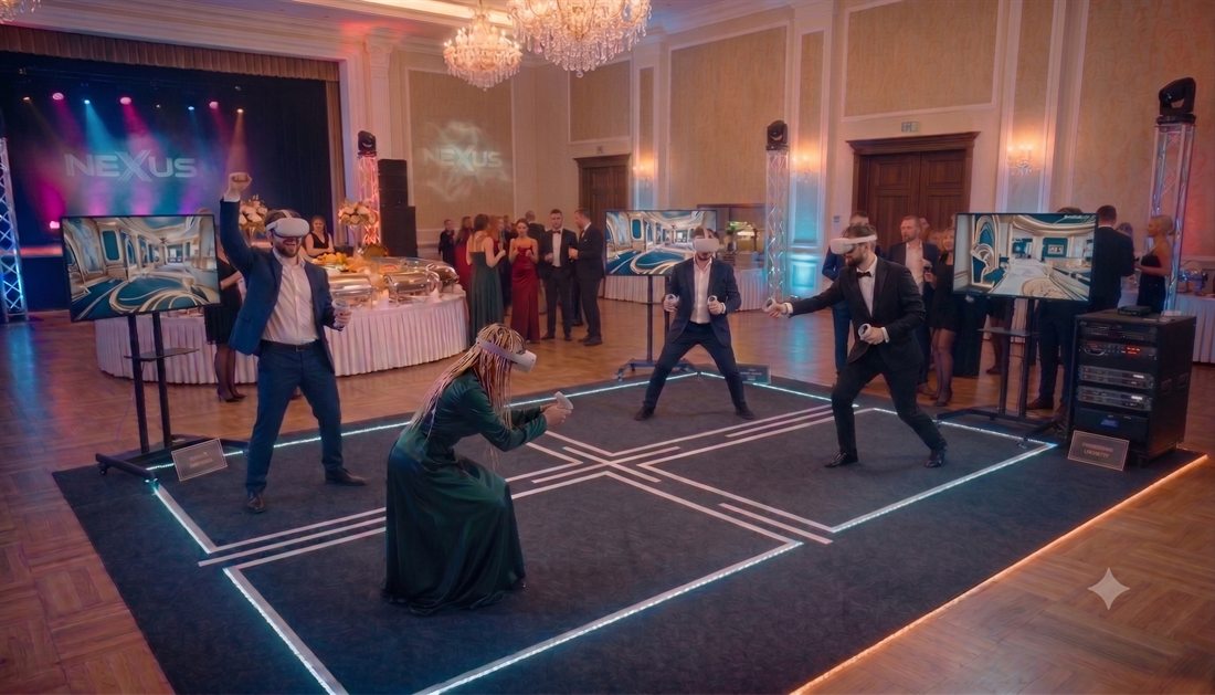Guests in formalwear playing VR at an upscale corporate event with gameplay shown on screens