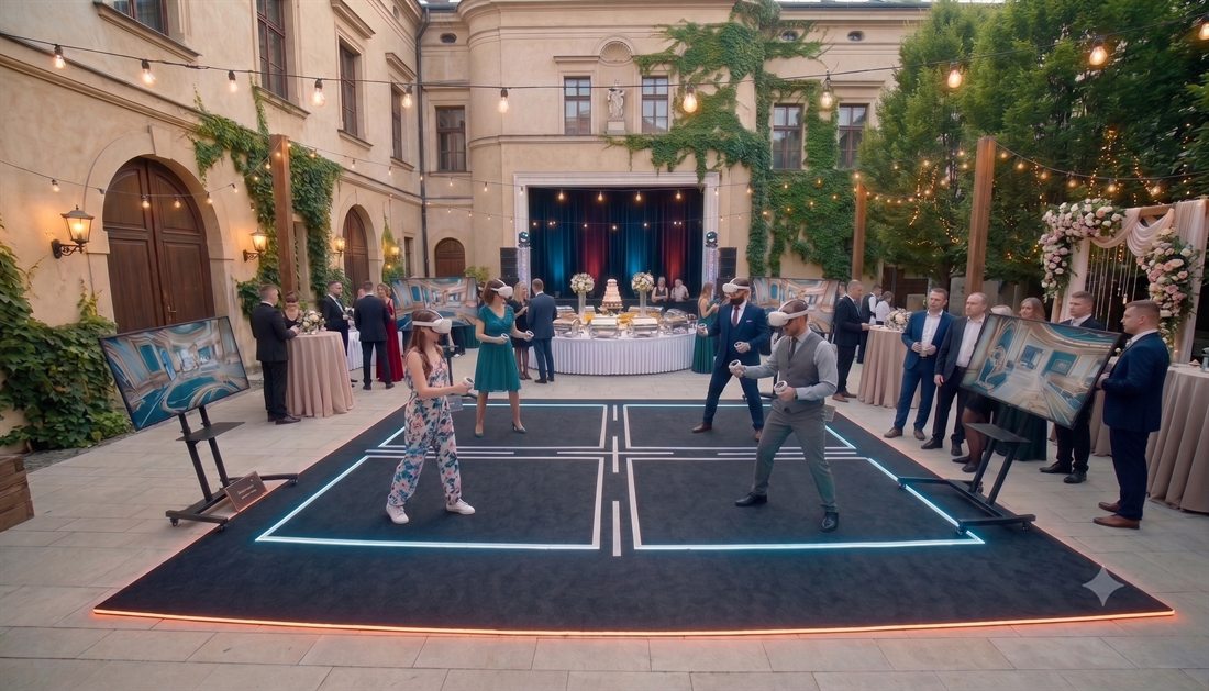 Wedding guests playing VR in a string-lit courtyard reception with the cake table behind them