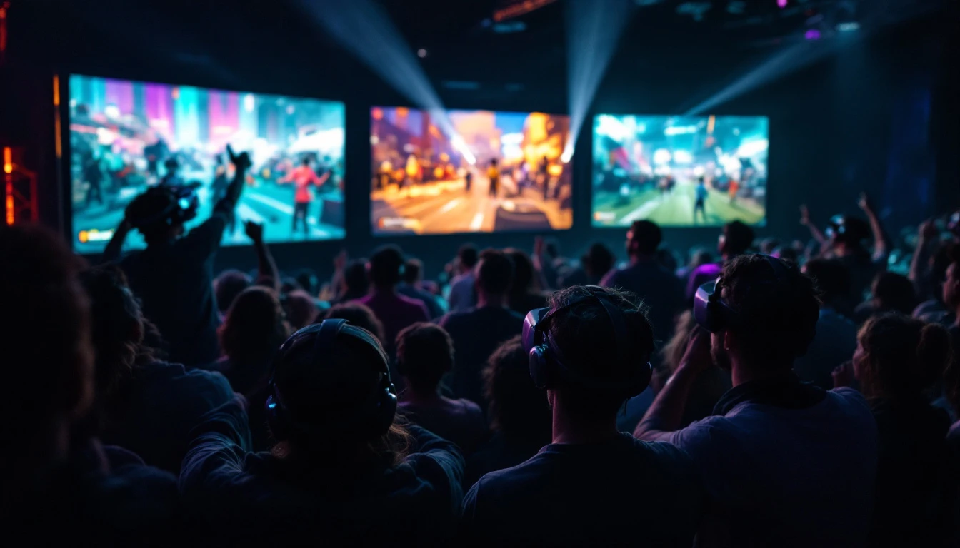 Crowd watching VR gameplay on screens at a party event