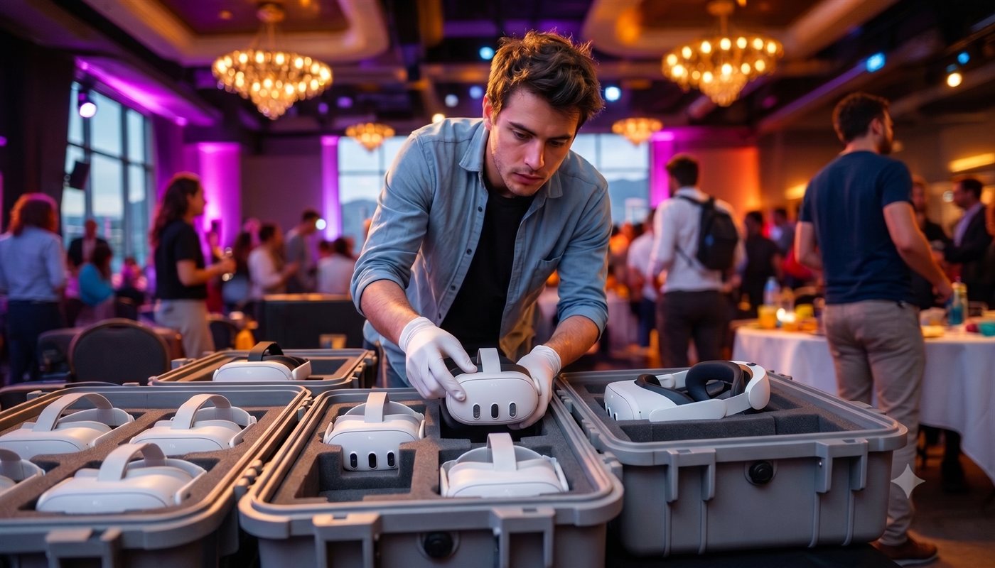 Reality Rigs host in gloves carefully packing Meta Quest 3 headsets into padded cases as the event winds down